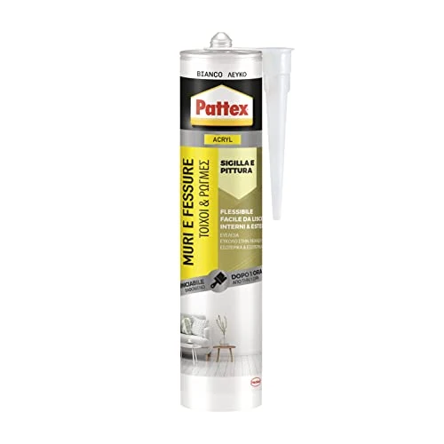 Offerta a tempo: Pattex Sigillante Bianco Muri e Fessure, Acrilico, Verniciabile, per Facciate, Giunti, Fessure, Inodore, Uso Interno, Senza Solventi, Cartuccia da 280 ml - 59% da 9.49 € a 3.90 €