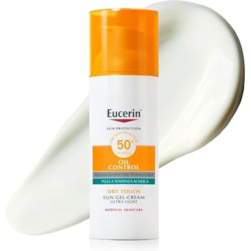Offerta a tempo: Eucerin Oil Control Dry Touch Face Sun Gel-Creme SPF50+ 50 ml, Crema solare viso 50+ opacizzante, Protezione solare viso 50+ senza profumo, Texture ultra leggera per pelle grassa, acneica e sensibile - 18% da 13.68 € a 11.27 €
