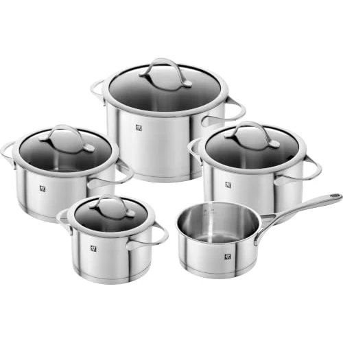 Offerta a tempo: ZWILLING Essence batteria di pentole 5 pezzi con coperchio in vetro, adatta all’induzione, non rivestita, acciaio inox, argento - 45% da 299.00 € a 163.63 €