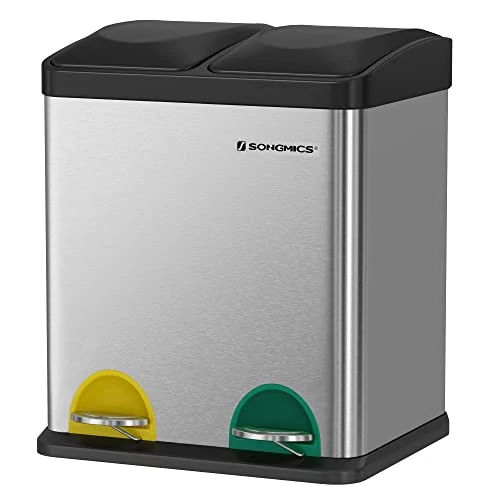 Offerta a tempo: SONGMICS Pattumiera di riciclaggio 30 l, pattumiera di smistamento con petali in acciaio, 2 scomparti, 2 x 15 l, secchi interni rimovibili, petali colorati, per cucina, soggiorno, argento e nero - 0.00% da 56.99 € a 56.99 €