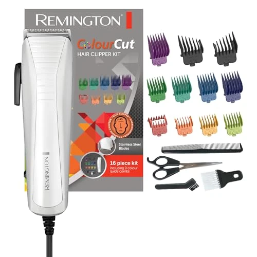 Oferta limitada: Remington Máquina de Cortar Pelo ColourCut - Cortapelos con Cable, Cuchillas de Acero Inoxidable, 9 Peines, Palanca Selección Longitud, 4 Accesorios: Tijeras, Peine, Cepillo Limpieza y Cuello - HC5035 de 29.99 EUR a 14.98 EUR (ahorro 50%)
