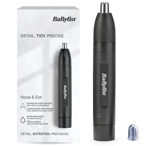 Limited-time offer: BaByliss Nose and Ear Trimmer - Precision 2 Blade System, Battery Operated, Stainless Steel, Easy-clean Removable Attachments, Black, E650E from 19.95 £ to 19.95 £ (save 0.00%)