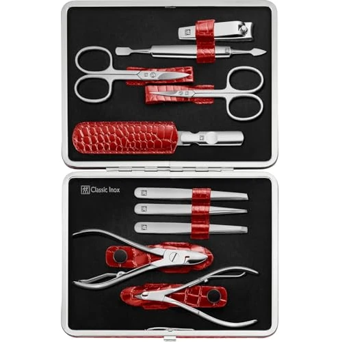 Offerta a tempo: ZWILLING Set manicure (10 pezzi, set completo per unghie di mani e piedi, custodia in vera pelle con struttura in metallo), acciaio inox lucido, edizione coccodrillo, rosso - 24% da 169.08 € a 128.87 €