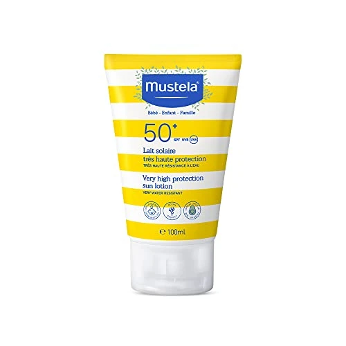 Mustela Lait Solaire Spf 50, Visage, Corps, Perséose d'Avocat, Bébé, Enfant, Toute la Famille, Convient à la Grossesse - Très Haute Protection contre les UVB et UVA (100ml)