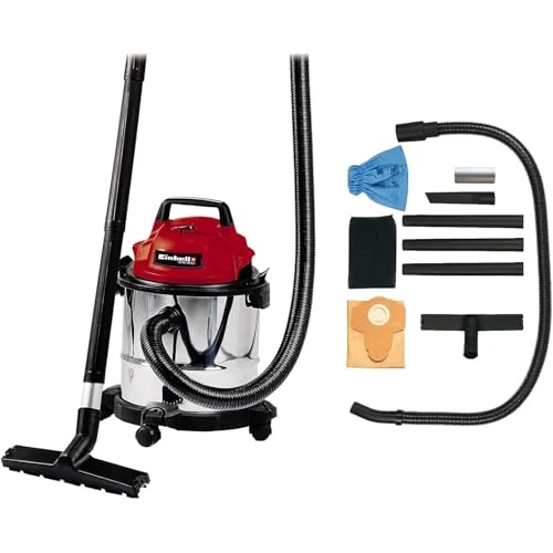 Einhell TC-VC 1812 S - Aspirador en seco y húmedo, 1250 W, 220-240 V, 50 Hz, 180 mbar, 78 dB (A), 12 l, Color Rojo, Negro, Blanco