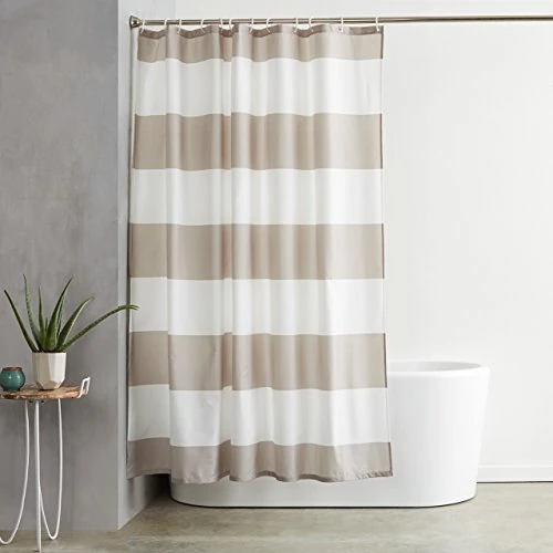 Limited-time offer: Amazon Basics Shower Curtain, Water and Mould Resistant Fabric Bathroom Curtain with Grommets & Hooks, Machine Washable, 183 x 183 cm, light green Striped from 7.43 GBP to 7.43 GBP (save 0%)