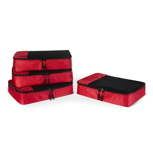 Tijdelijke aanbieding: Amazon Essentials 4-delige Reisaccessoireset met Inpakkubussen, Bagageorganizer met Dubbele Ritssluiting, Mesh-bovenkant, 100% Polyester, Medium, Rood (Voorheen Amazon Basics) van 17.88 EUR naar 17.88 EUR (korting 0%)