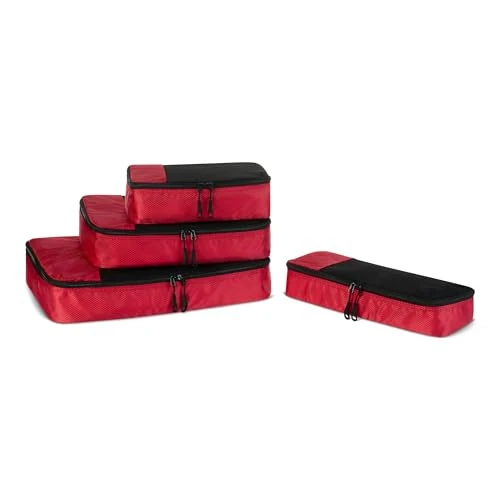 Amazon Basics Organizador Para Maletas, Organizadores de Viaje, con Cremallera, Juego de 4 Bolsas, Grande/Mediano/Pequeño/Delgado, rojo