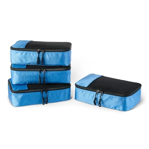 Amazon Essentials 4-teiliges Packwürfel-Reisezubehörset, Gepäckorganizer mit doppeltem Reißverschluss, Netzoberseite, 100% Polyester, klein, himmelblau (früher Amazon Basics)
