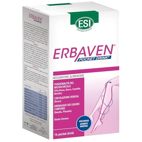 Offerta a tempo: ESI - Erbaven, Integratore Alimentare a Base di Vite Rossa, Centella Asiatica e Betulla, Favorisce il Microcircolo e il Drenaggio dei Liquidi, Gusto Limone, Senza Glutine e Vegano, 16 Pocket Drink - 19% da 10.92 € a 8.87 €