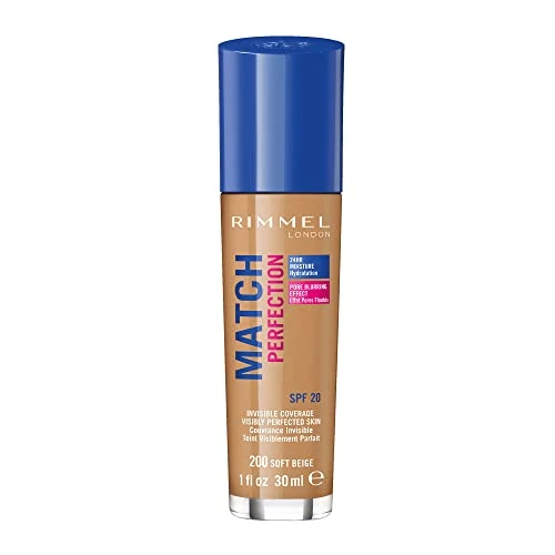 Rimmel London Match Perfection Foundation - Fondotinta Liquido Pelle Perfetta e Levigata a Lunga Tenuta con SPF 20 - Soft Beige - 30 ml