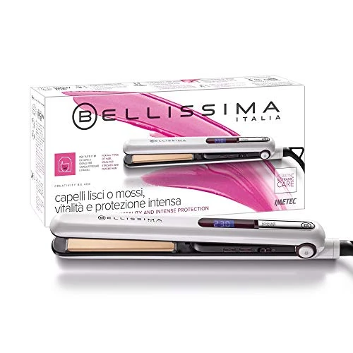 Bellissima Imetec B9 400, Plancha de pelo para peinado liso u ondulado, revestimiento de cerámica y queratina, placas redondeadas, digital, visor LCD
