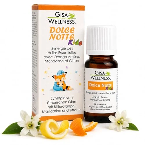 Offerta a tempo: Dolce Notte Kids 15ml, Sinergia di Oli Essenziali Puri al 100% con Olio Essenziale Arancio Amaro, Mandarino e Limone, Oli Essenziali per Diffusori Naturali Made in Italy Gisa Wellness - 0.00% da 9.90 € a 9.90 €