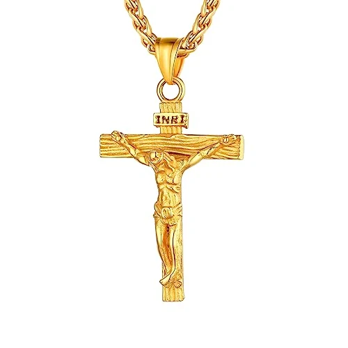 Offerta a tempo: U7 Crocifisso Collana Uomo Oro + Catena Spiga Acciaio Inossidabile 55+5cm - 0.00% da 25.99 € a 25.99 €