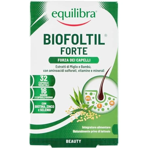 equilibra Integratori Alimentari, Biofoltil Forte, Integratore per il Benessere di Capelli e Unghie, a Base di Zinco, Selenio e Rame, con Ortica, Miglio e Bambù, 32 Capsule