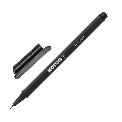 Kores - K-Liner: Fineliners con Inchiostro Nero, Punta Fine Rivestita di Metallo da 0,4 mm, Ideale per Disegnare a Scuola o in Ufficio, Forma Ergonimica Triangolare, Confezione da 12