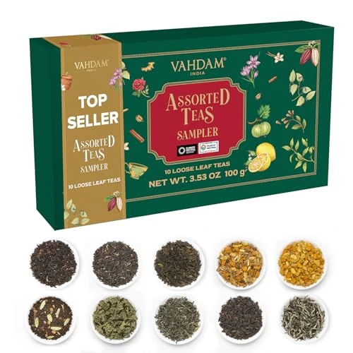 Offre limitee: VAHDAM, Coffret cadeau de thés en vrac (10 thés de Noël) – Thé noir, vert, tisanes, Chai, thé blanc | Coffret dégustation avec en vrac | Cadeaux de Noël pour femmes et hommes de 17.99 EUR a 13.73 EUR (economie 24%)