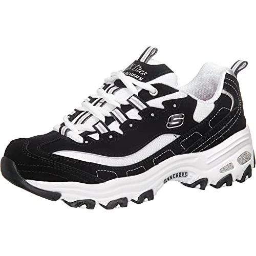 Skechers Damen D'lites Biggest Fan Sneaker, Black Trubuck White Mesh Silver Trim, 36.5 EU