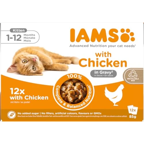 Zeitlich begrenztes Angebot: IAMS Delights Kitten Nassfutter - Multipack Katzenfutter mit Huhn in Sauce, hochwertiges Futter für Junior Kätzchen von 1-12 Monate, 12 x 85 g von 6.49 € auf 6.49 € (0.00% Rabatt)