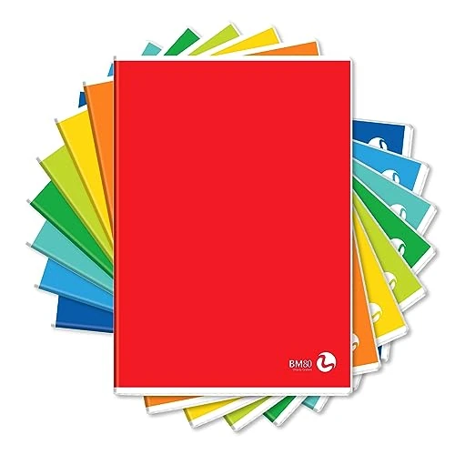 BM BeMore Color Basic 0110600 – Cuaderno A4 – Rayas con márgenes para primer y segundo grado – Papel 80 g/m² – Colores surtidos – Paquete de 10 unidades – Multicolor