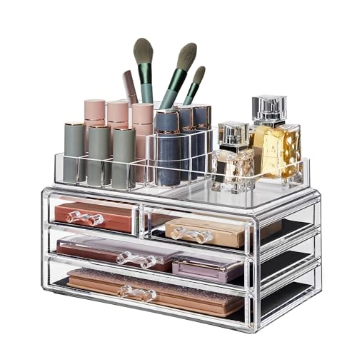 Tijdelijke aanbieding: SONGMICS Make-up organizer, cosmetische organizer met 4 laden en 11 vakken in verschillende maten, antislip inzetstukken, voor make-up en sieraden, transparant JKA001TP van 25.99 EUR naar 25.99 EUR (korting 0%)