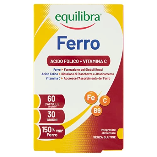 equilibra Integratori Alimentari, Ferro con Acido Folico + Vitamina C, Integratore a Base di Ferro, per la Normale Funzione dei Glubuli Rossi e dell'Emoglobina, 60 Capsule Vegetali
