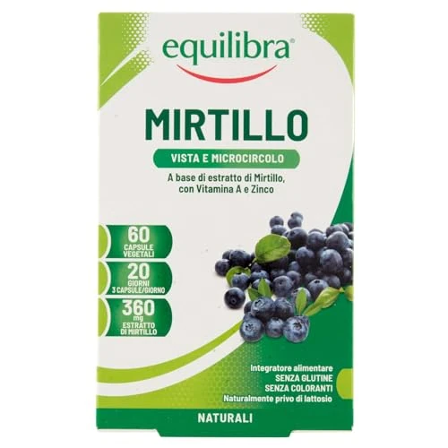 Offerta a tempo: equilibra Integratori Alimentari, Mirtillo, Integratore per la Normale Capacità Visiva e la Funzionalità del Microcircolo, con Estratto di Mirtillo, Vitamina A e Zinco, 60 Capsule Vegetali - 36% da 9.29 € a 5.90 €