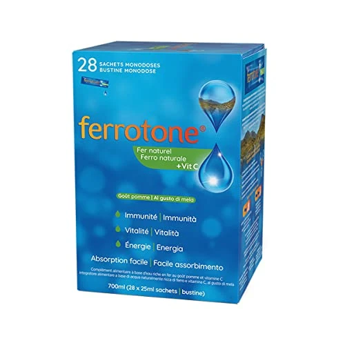 FERROTONE - Eau Riche en Fer Naturel - Saveur Pomme & Vitamine C - Réduit Fatigue, Booste Énergie & Immunité - Doux pour l’Estomac - Vegan - 28 Sachets Monodoses Pratiques 25 ml