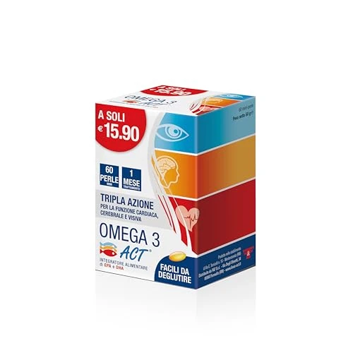 Offerta a tempo: Omega 3 Act, Integratore Alimentare a base di Olio di Pesce (EPA - DHA), per la Funzione Cardiaca, Cerebrale e Visiva - 1 Confezione da 60 Mini Perle - 38% da 14.90 € a 9.25 €