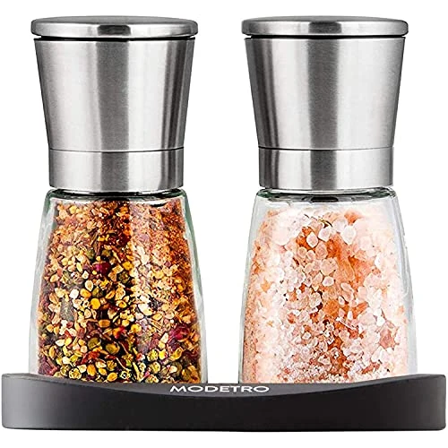 Limited-time offer: Modetro Salt and Pepper Grinder Set - 2 Stainless-Steel, Easy-Fill Mills w/Adjustable Coarseness, Lids & Silicon Stand from 19.99 GBP to 14.99 GBP (save 25%)