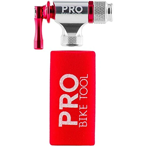 PRO BIKE TOOL Pompe à vélo - Kit de Pompe à CO2 Compatible avec Les valves Presta et Schrader - Pompe à Pneu de vélo pour Route et VTT - Alliage d'aluminium avec Manchon isolé - 5x2,5 cm, Rouge