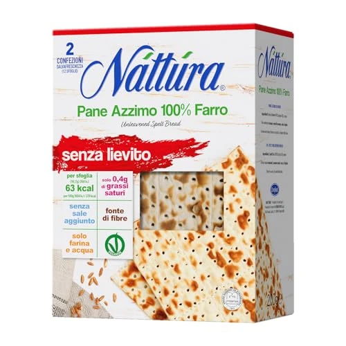 Offerta a tempo: NATTURA Pane Azzimo di Farro, Pane Azzimo Senza Lievito e Senza Sale Aggiunto, 100% Farina di Farro, Fonte di Fibre, 63 Kcal per Sfoglia, Prodotto Vegano, 220 g - 35% da 4.75 € a 3.09 €