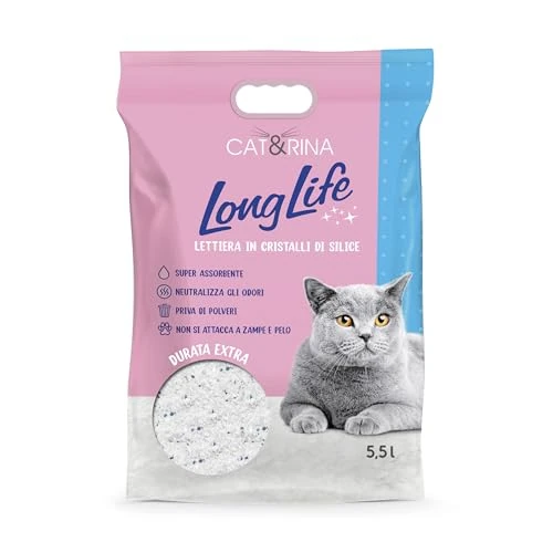 Cat&Rina Long Life Lettiera per Gatti ai Cristalli di Silicio Super Assorbente. Sabbia Priva di Polvere e Sicura fino a 30 giorni di utilizzo. Anti Odore,Profumazione Classica. Confezione da 5.5l