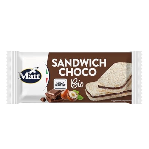 Matt, Sandwich Choco Bio, Barretta di Riso Integrale, Ripiena di Crema al Cioccolato, Senza Glutine, Senza Uova, Senza Olio di Palma, Senza Lievito, Snack Dolce Sano e Goloso, 20 g