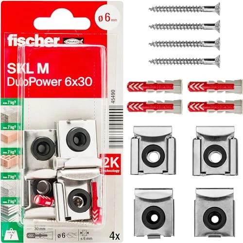 fischer - Fixation miroir SKL M K/Composition : 4 x chevilles Duopower Ø 6, 4 vis Ø 4 x 40, 2 x supports de miroir avec ressort et 2 x supports de miroir sans ressort