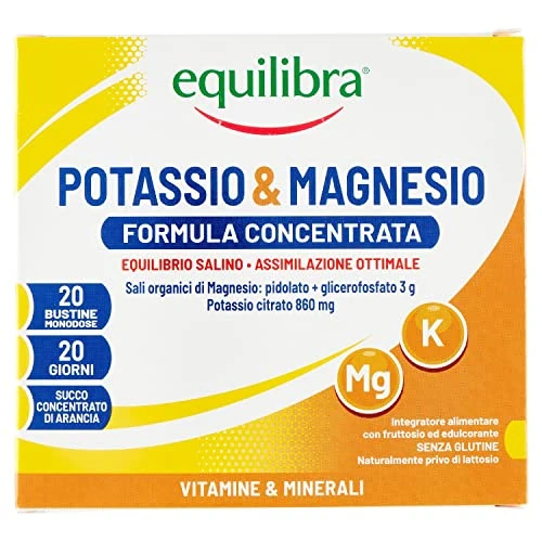 Offerta a tempo: equilibra Integratori Alimentari, Potassio e Magnesio, Integratore Magnesio e Potassio Formula Concentrata per Reintegro Sali Minerali, con Succo di Arancia Disidratato, Senza Glutine, 20 Bustine - 71.63% da 17.27 € a 4.90 €