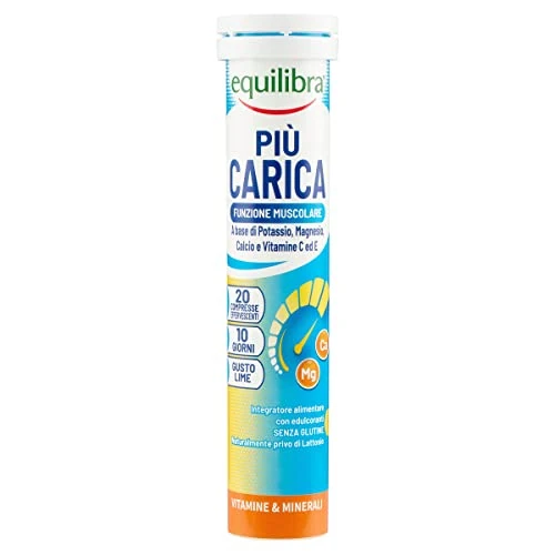 Offerta a tempo: equilibra Integratori Alimentari, Più Carica, Integratore per la Normale Funzione Muscolare, con Potassio, Magnesio, Calcio, Vitamina C e Vitamina E, Gusto Lime, 20 Compresse Effervescenti — 33% da 4,49 € a 3,03 €
