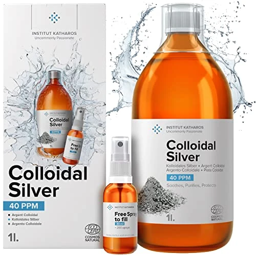 Plata Coloidal Prémium 1000 ml ● 40 ppm ● Óptima Concentración, Partículas más Pequeñas, Mejores Resultados ● Certificada por Laboratorio ● Incluye Pulverizador 30 ml para llenar y Ebook