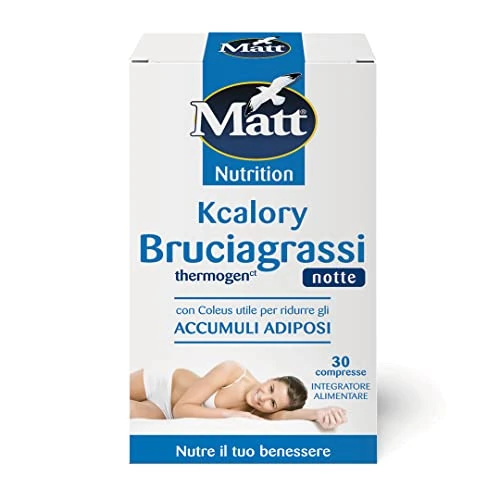 Offerta a tempo: Matt, Kcalory Bruciagrassi Thermogen Notte, Integratore Alimentare a Base di Coleus e Thè Verde Decaffeinato, Favorisce Metabolismo dei Grassi, Riduce Accumuli Adiposi, Confezione 30 Compresse, 10.5g - 45% da 11.42 € a 6.28 €