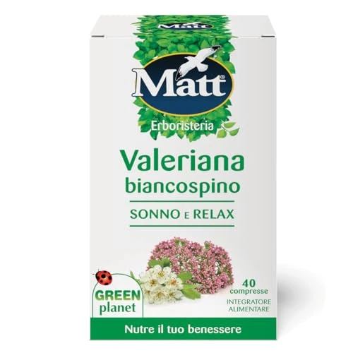 Matt, Valeriana Biancospino Sonno e Relax, Integratore Alimentare Utile per Favorire il Rilassamento e il Sonno, Migliora la Qualità del Sonno, Confezione con 40 Compresse, 28 g