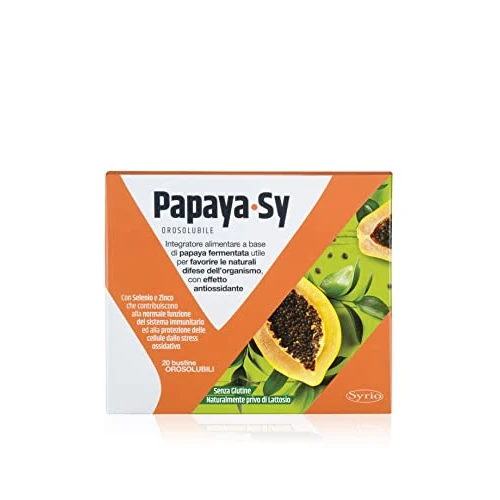 Offerta a tempo: Syrio Integratori Alimentari, Papaya-Sy Integratore alimentare a base di 4g Papaya fermentata ad Azione Antiossidante, per le Difese Immunitarie con Zinco e Selenio, 20 bustine orosolubili - 33% da 16.59 € a 11.12 €