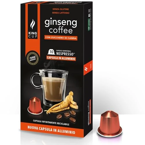 Offre limitée : King Cup - 1 Paquet de 10 Capsules de Ginseng au Sucre de Canne, 10 Capsules 100% Compatible avec le Système Nespresso de Boisson Aromatisée Ginseng, Sans Gluten et Sans Lactose de 9.74 € à 9.74 € (0.00% de remise)