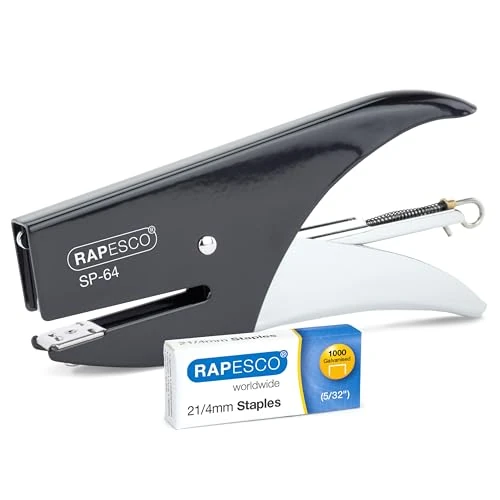 Rapesco 1267 Grapadora de Tenaza SP-64 y 1000 Grapas Tipo 21/4 mm, Capacidad para 12 Hojas, Negro