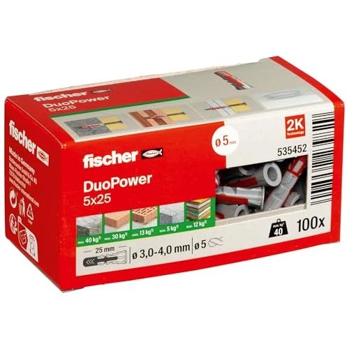 Limited-time offer: Fischer 535452 DuoPower 5 x 25, Universal Plug with Intelligent 2-Component Technology for fastenings in Concrete, Bricks, Gypsum plasterboard, chipboard, etc., 100 Plugs Without Screws from 9.30 GBP to 9.30 GBP (save 0%)