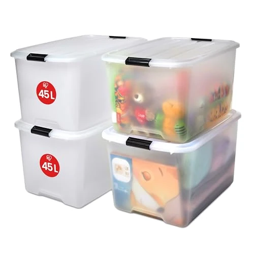 Offerta a tempo: Iris Ohyama Scatole Portaoggetti in Plastica con Coperchio, 45L, Lotto di 4, Trasparente, Con Chiusura a Clip, Empilabile, Solido, Per Armadio, Garage, Casa, Ufficio, Organizzatore, TB-45 - 11% da 69.99 € a 61.99 €