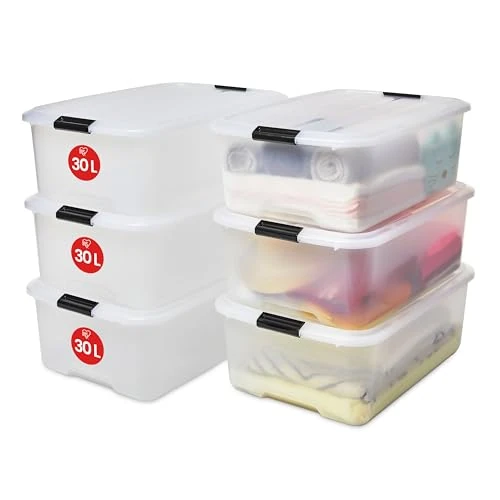 Offre limitee: Iris Ohyama, Boite Rangement Plastique avec Couvercle, 30L, Lot de 6, Transparent, Clips de Fermeture, Poignées, Empilable, Portable, Solide & Durable, Pour Dressing, Garage, Chambre, Bureau, TB-30 de 94.99 EUR a 85.49 EUR (economie 10%)