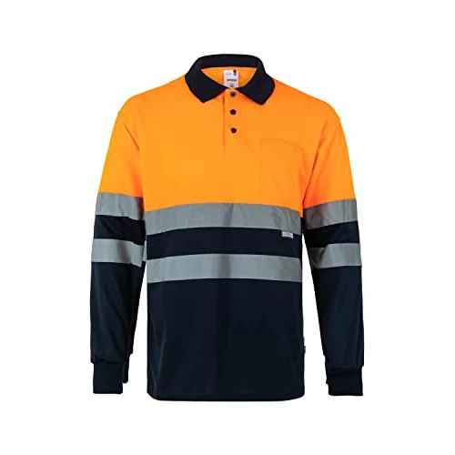 VELILLA 175 – High Visibility Polo Long Sleeve T-Shirt, Navy Blue and Fluorescent Orange, XXL