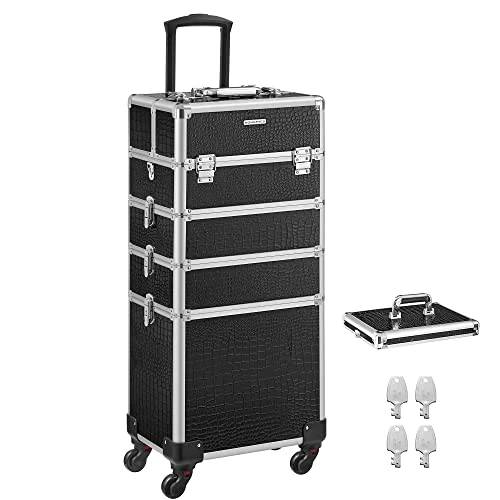 SONGMICS Alu Trolley, Kosmetikkoffer mit Rollen, Friseurkoffer, Schminkkoffer ohne Inhalt, Handgepäck, Beauty Case, 4 in 1, XXL, schwarz JHZ06B