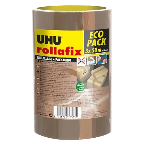 Offerta a tempo: UHU Nastro adesivo da imballaggio Rollafix Classic, 50 mm x 50 m, confezione da 3 pezzi, silenzioso - 42% da 7.50 € a 4.33 €