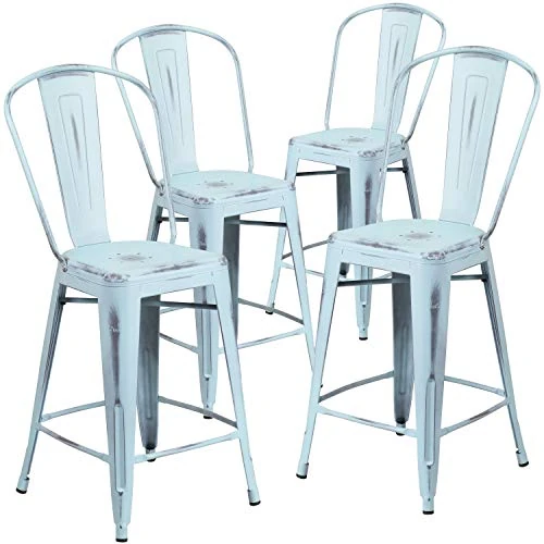 Flash Furniture Blake Commercial Grade 4 Pack 24" High Distressed Green-Blue Metal Indoor-Outdoor Counter Height Stool with Back